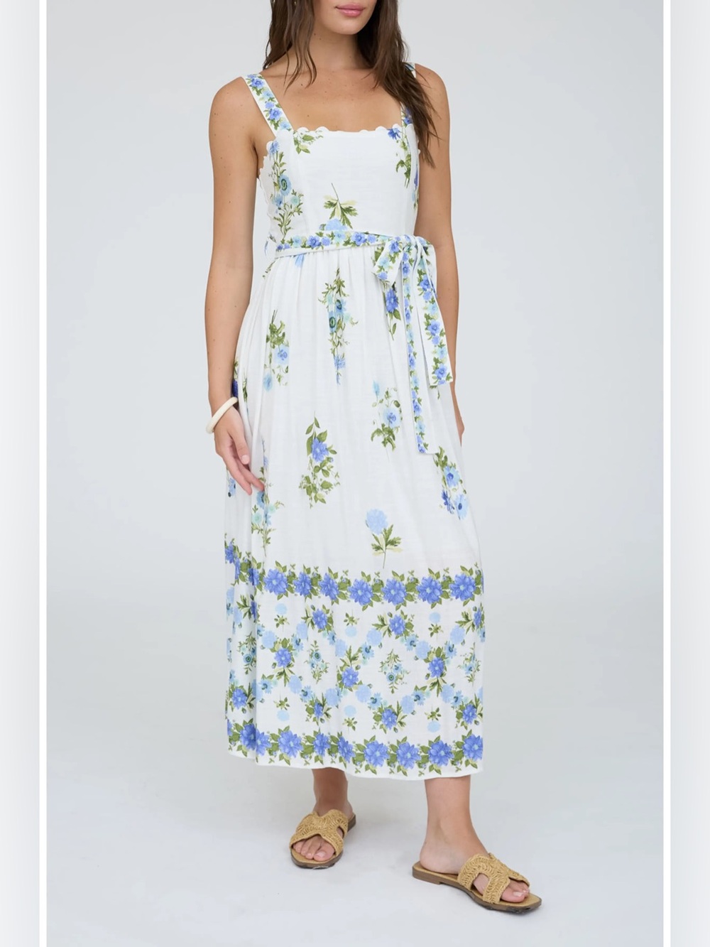 Blue Pepper Belted Floral Scallop Edge Midi Dress - Size Medium NWT